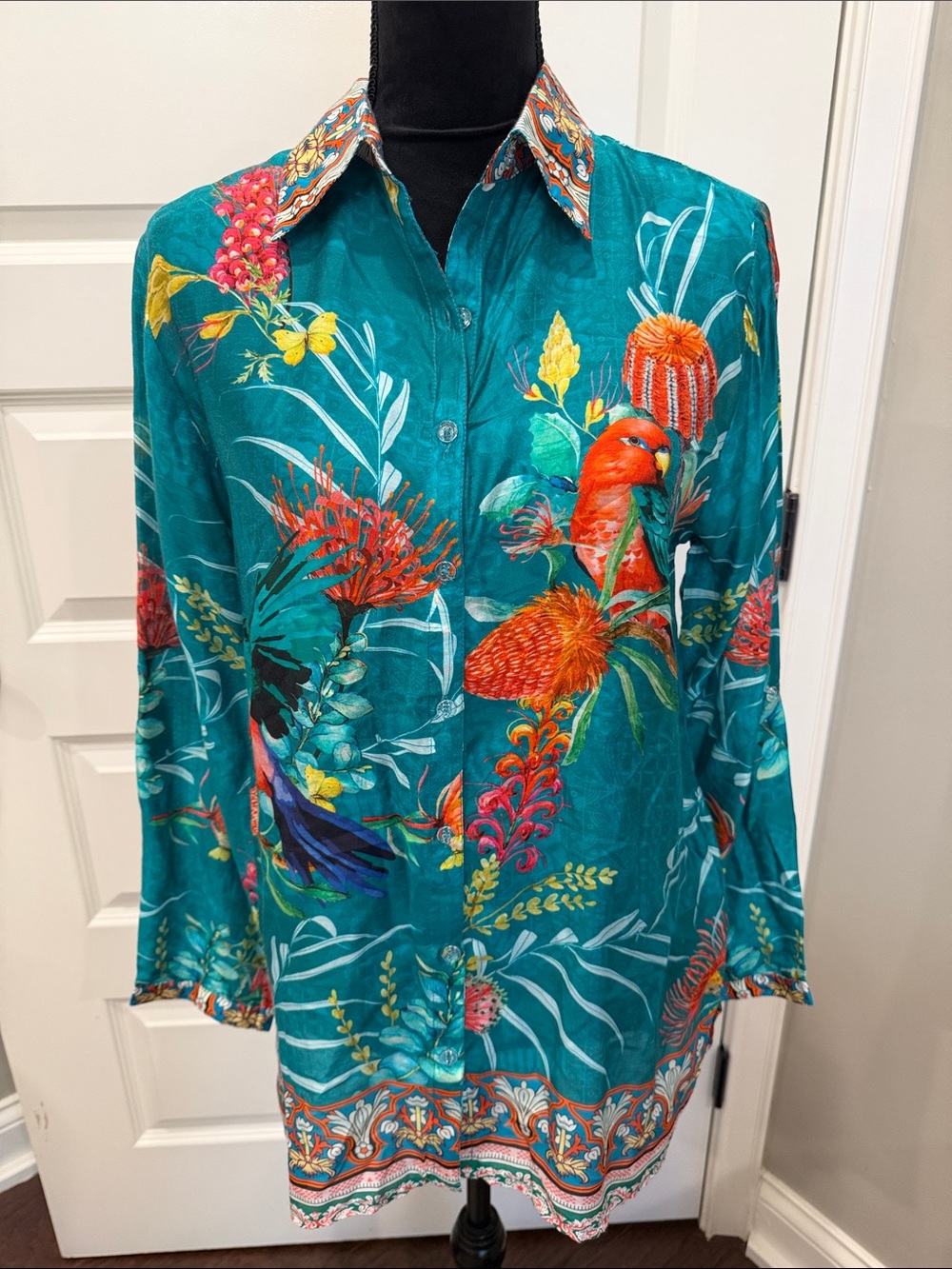 Teal Botanical Parrot Print Button-Up Blouse